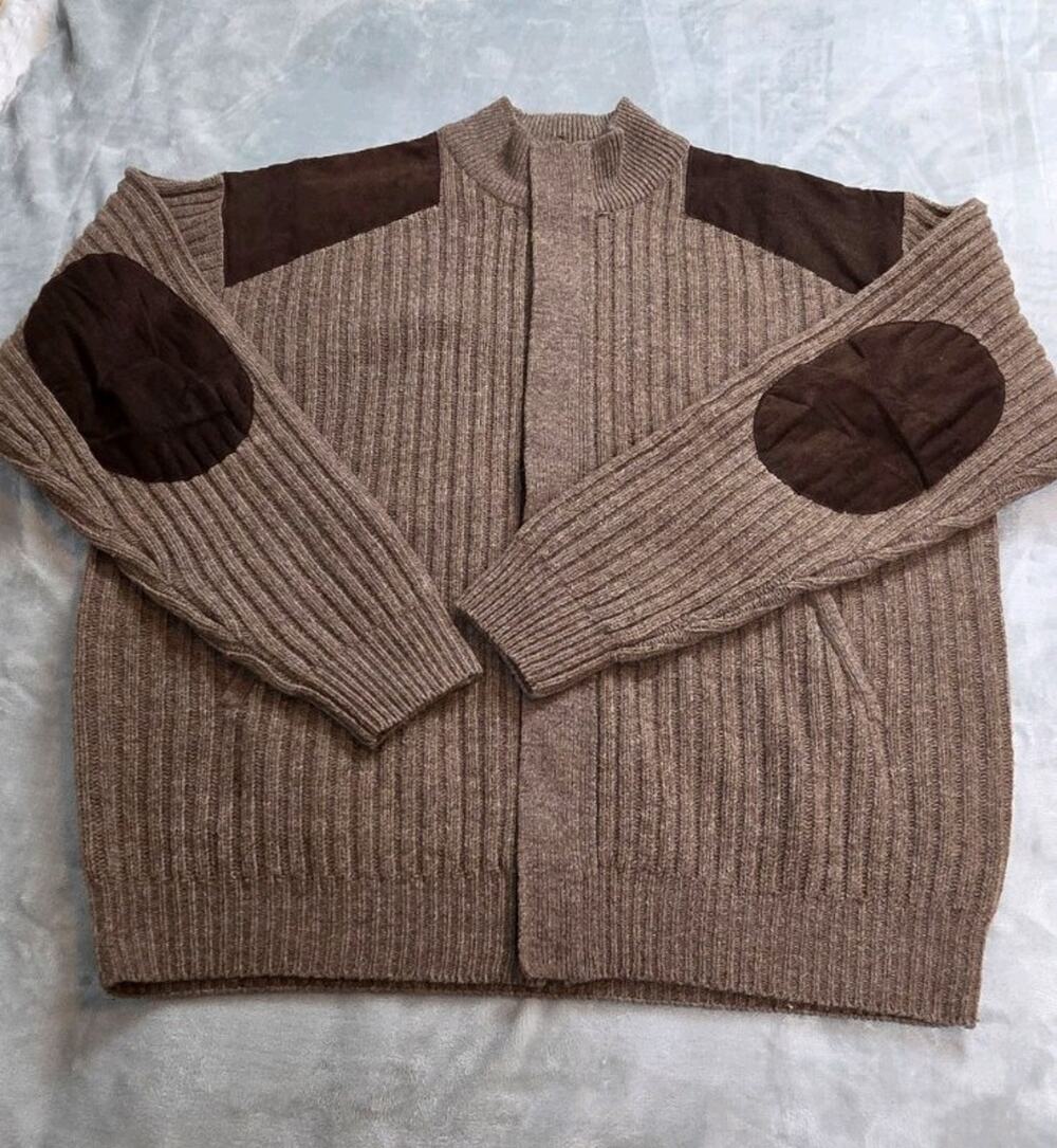 Cabelas Outfitters Series Mens XL 100% Lambswool Sweater Brown Knit full zip
